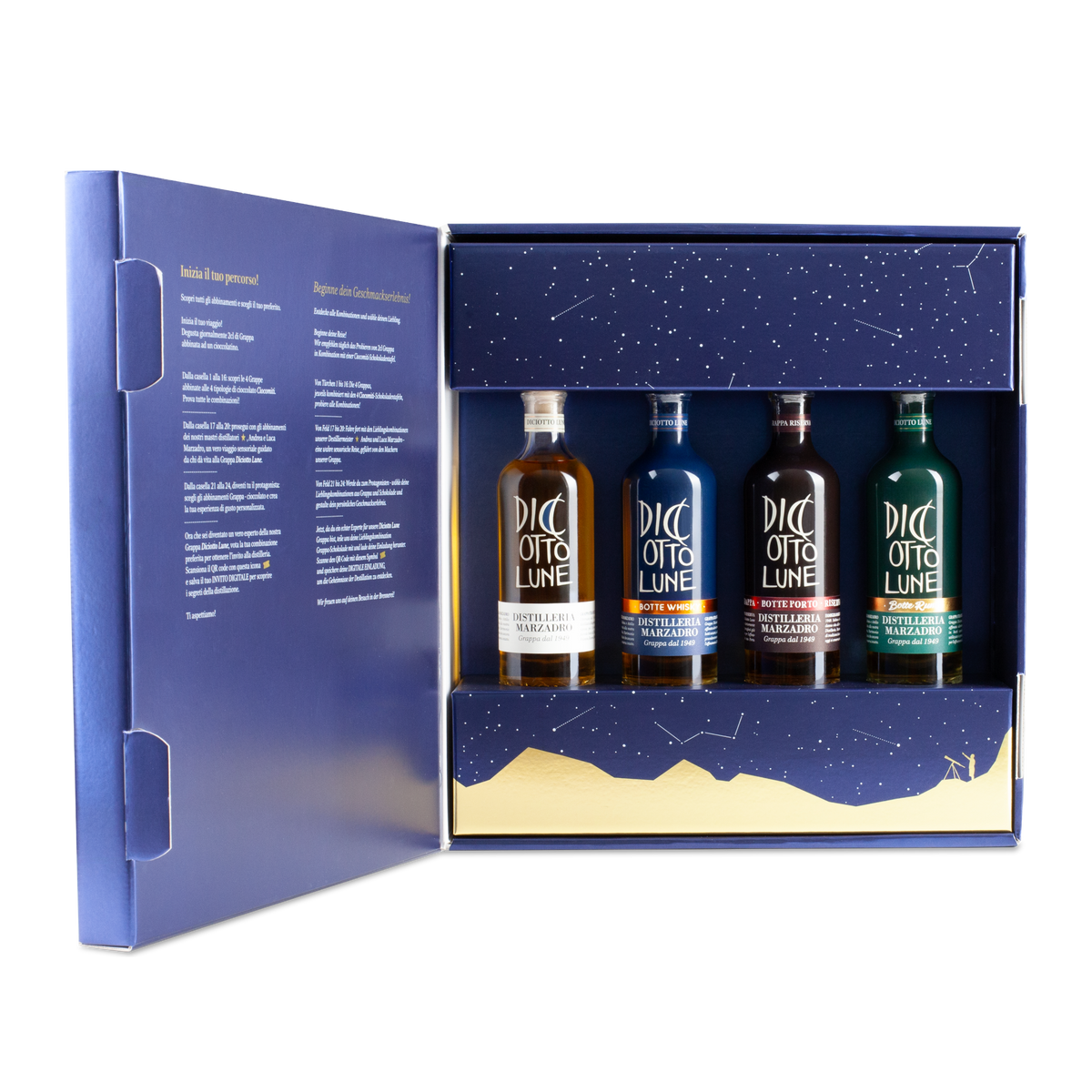 Marzadro Grappa Adventskalender mit Schokolade 4 × 200 ml