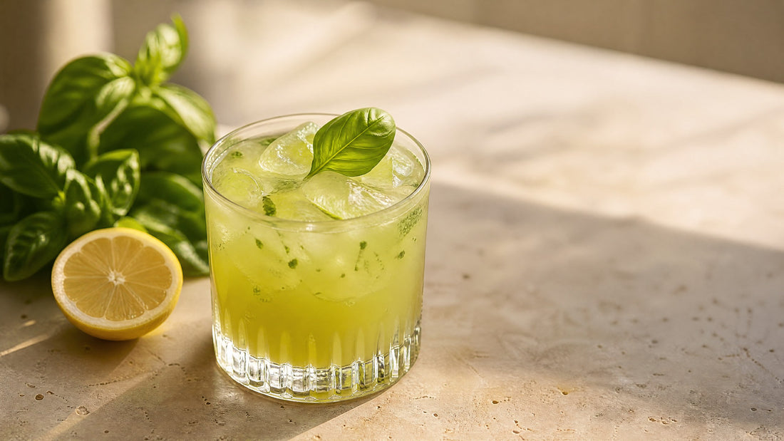 Gin Basil Smash mit Eis und Basilikumblatt im Tumbler auf Travertin-Tisch