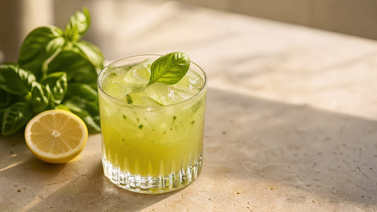 Gin Basil Smash mit Eis und Basilikumblatt im Tumbler auf Travertin-Tisch