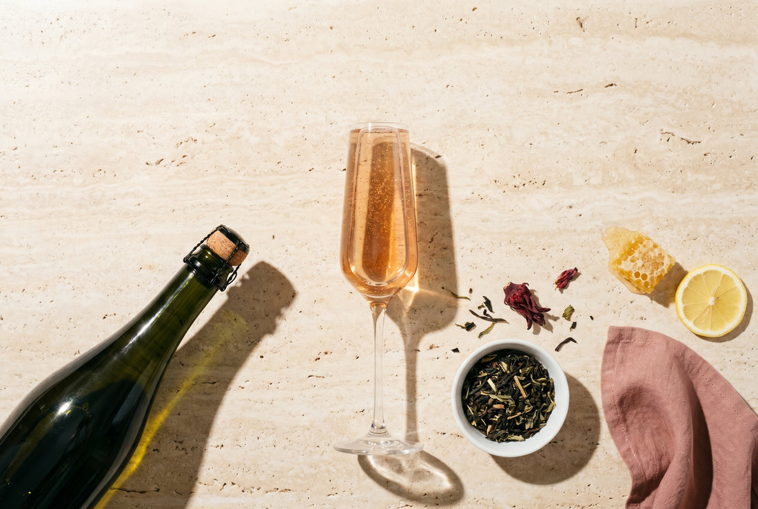 Sparkling Tea in Champagnerflöte mit Loseblatt-Tee und Hibiskus