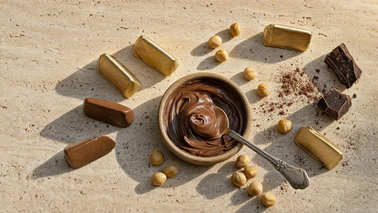 Dunkle Gianduja-Creme in einer Schale mit Löffel, daneben Gianduiotti, geröstete Haselnüsse und Kakaostücke auf Travertin