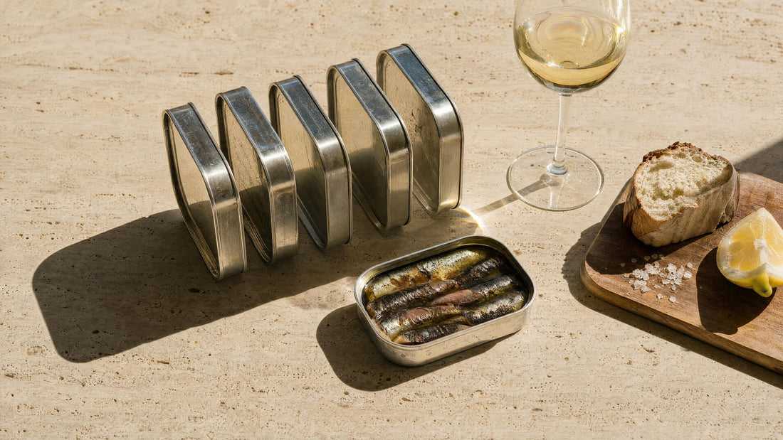 Fünf hochkant gelagerte Sardinendosen wie ein kleines Archiv, davor eine geöffnete Dose mit gereiften Jahrgangssardinen in Olivenöl, dazu Weißwein, Brot und Zitrone auf Travertin