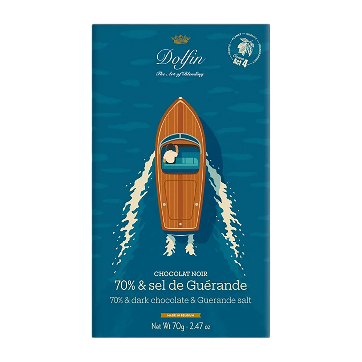 Dolfin Zartbitterschokolade mit Guérande-Salz, 70-g-Tafel mit Motorboot-Motiv