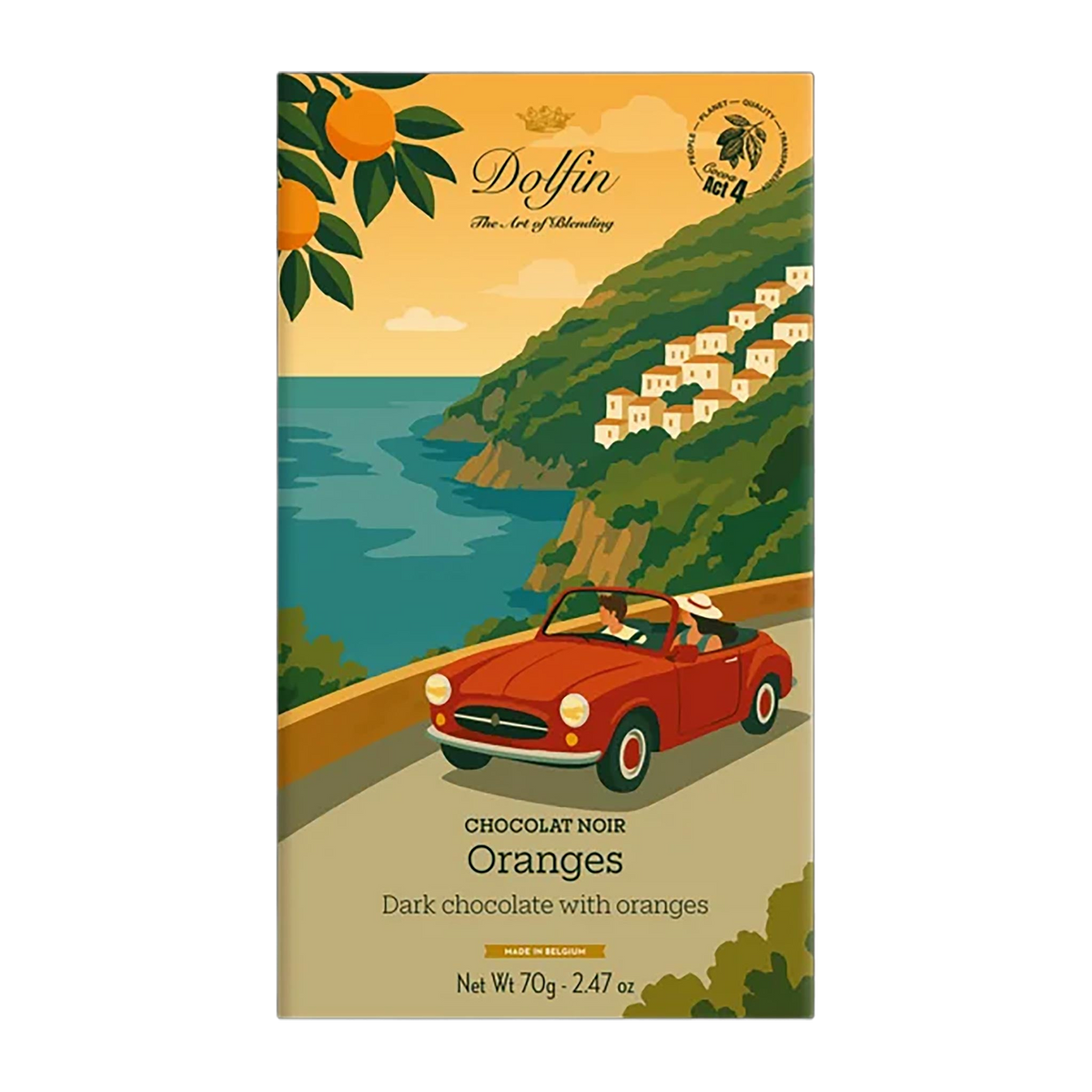 Dolfin Zartbitterschokolade mit Orange, 70-g-Tafel mit Cabrio an der Küste