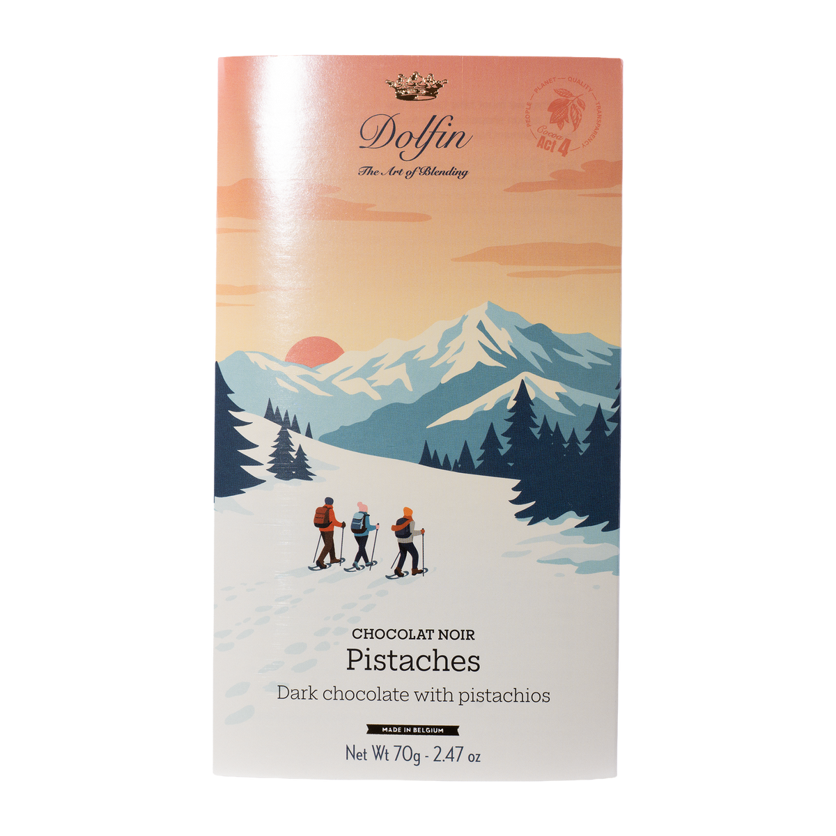 Dolfin Zartbitterschokolade mit Pistazien, 70-g-Tafel mit Schneeschuhwanderern