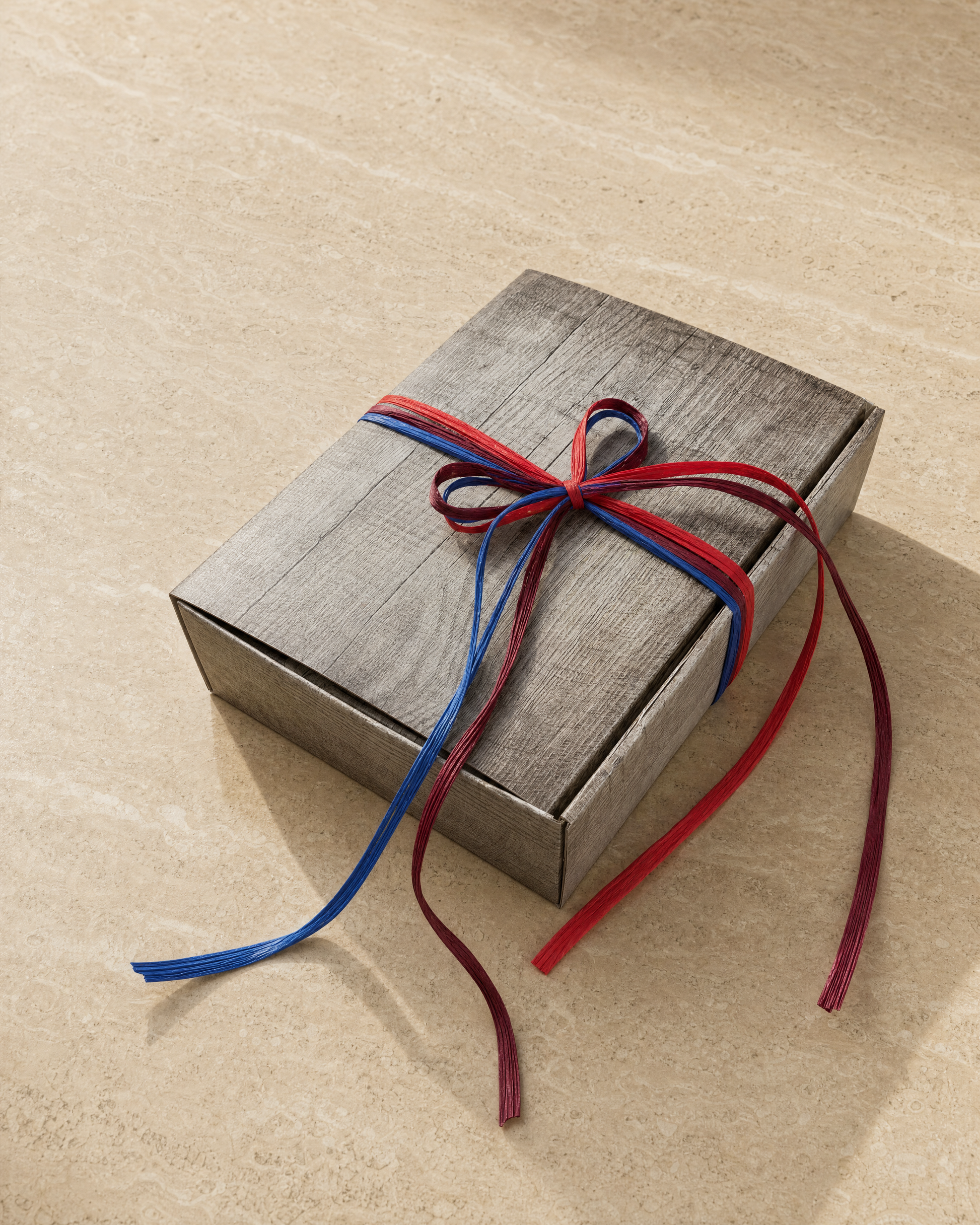 Italienisches Dinner-Geschenk für 2 – 3er-Karton geschlossen mit Schleife in Hellrot, Bordeaux und Blau