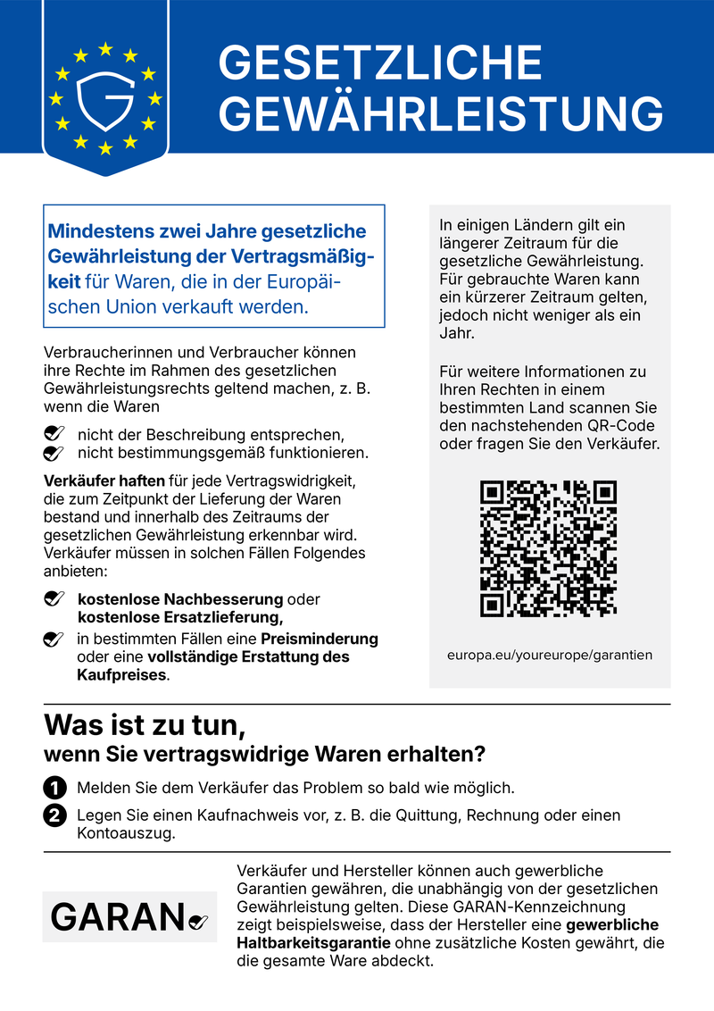 Gesetzliche Gewährleistung – Mindestens zwei Jahre gesetzliche Gewährleistung der Vertragsmäßigkeit für Waren, die in der Europäischen Union verkauft werden.
