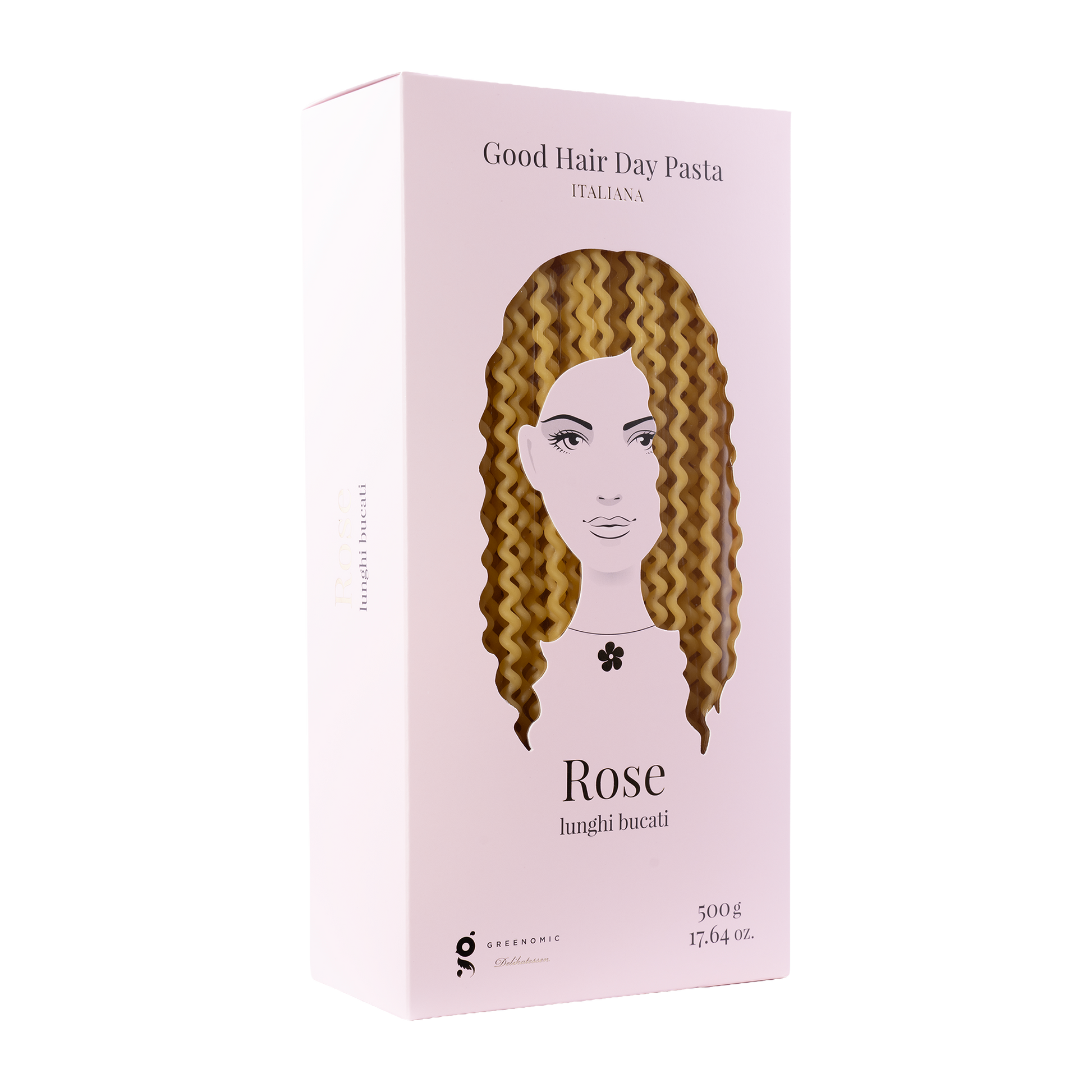 Rose lunghi bucati – Good Hair Day Pasta von Greenomic Delikatessen, Packung seitlich