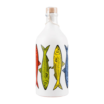 Olivenöl Keramikflasche bunte Sardinen