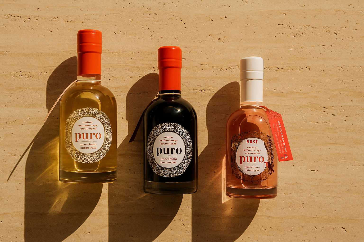 Puro Aceto Condimento Bianco, Aceto Balsamico und Rosé aus Modena auf Travertin