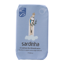Sardinha MSC-Sardinen in nativem Bio-Olivenöl extra, 120-g-Dose in hellblauem Papier