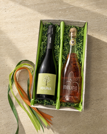 Südtiroler Cider-Geschenk mit Maffei Iduna und Melino im 2er Karton – Geschenkkorb von oben mit allen Produkten